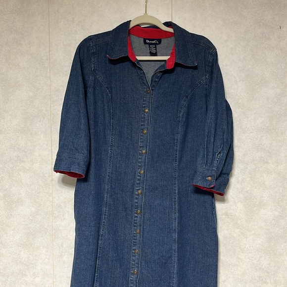 Vtg Denim 3/4 sleeve button up dress/duster size medium red corduroy cuffs - Picture 4 of 12